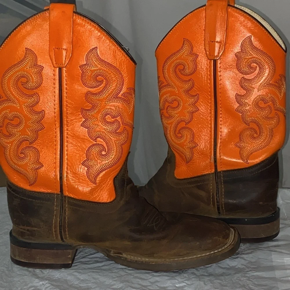 OLD WEST‎ GENUINE LEATHER Orange and Brown Western Cowboy Boots KIDS  SIZE 3D